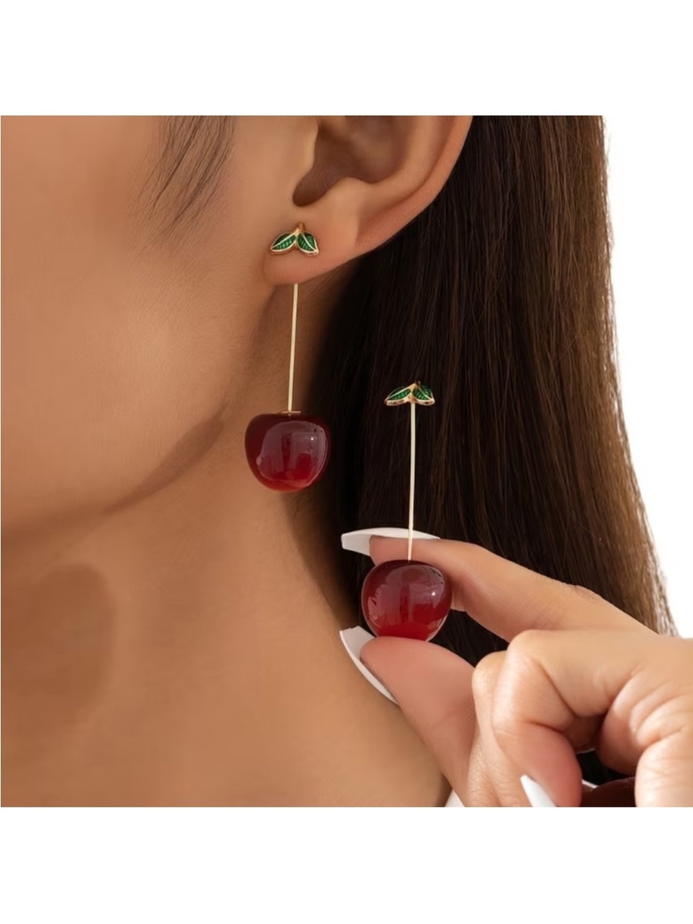 NEW! Cherry Drop Earrings with Green Leaf Accent. 🍒 Fashionable Earrings A3-113